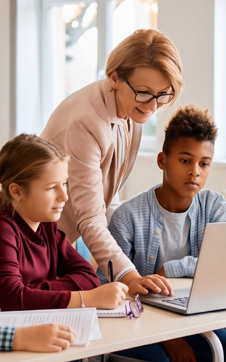 Lehrkraft unterstützt Schüler:innen beim Lernen mit einem Laptop im Klassenzimmer.