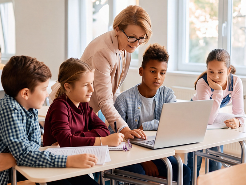 Schüler sitzen mit Laptop am Tisch und eine Frau steht hinter den Schülern und erklärt