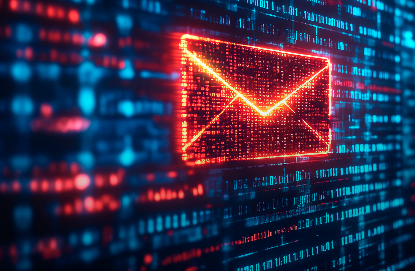 Vor einem dunklen Hintergrund mit Computerdaten leuchtet ein orangefarbenes Kuvert.