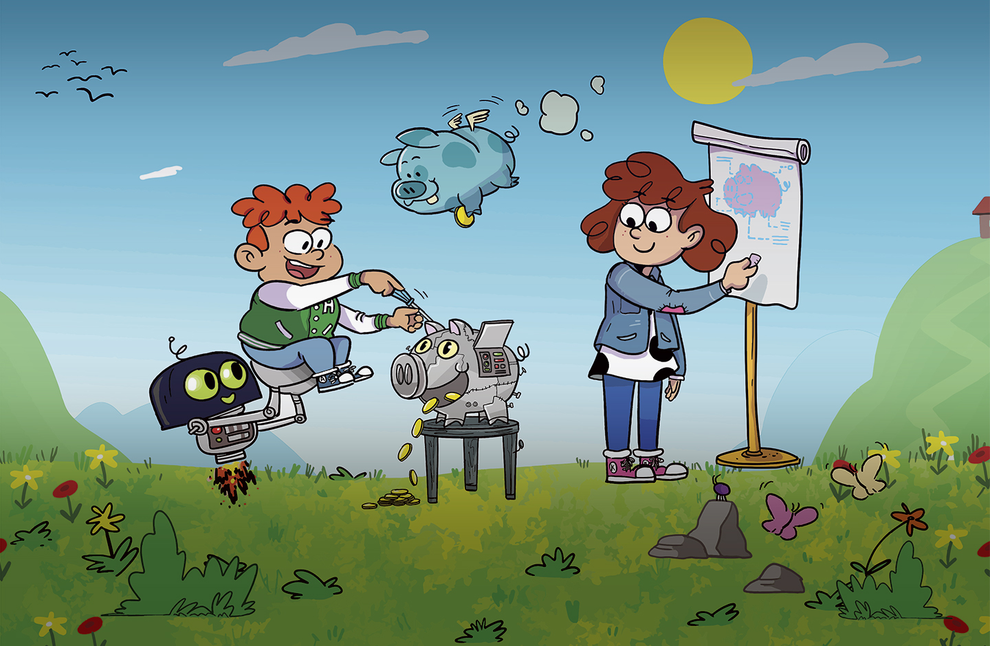 Die Comic-Figuren Klara und Anton mit ihren Freunden auf eine Wiese. Die Sonne scheint. Sie bauen an einem Roboter-Schwein.