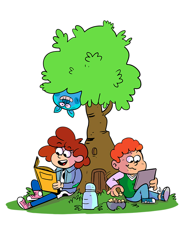 Klara und Anton sitzen unter einem Baum und lesen.
